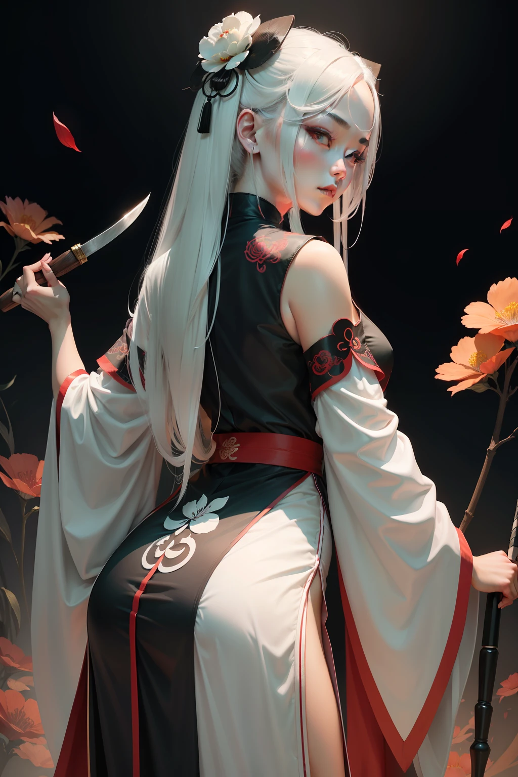 A modern Chinese woman holds an ancient Chinese Tang knife in one hand,Back sideways,Arms droop naturally,The hair on the top of the head is coiled into a flower with a hairpin,The flowers are bright red and gradient down to white,White hair roots,Some strands of hair are red,The expression is grim,Hanfu consists of red, black and white tones,Two-dimensional style