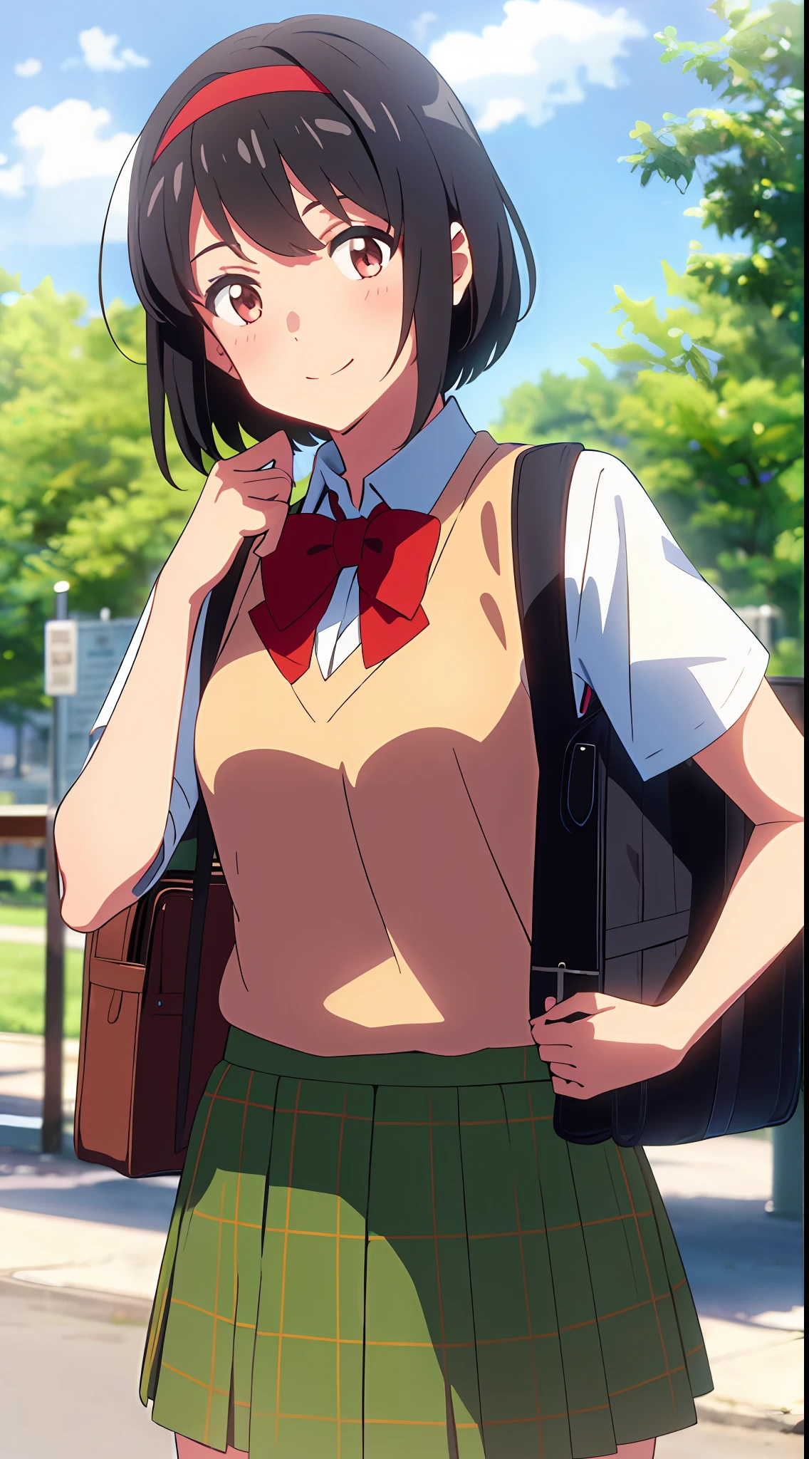 shinkai makoto, kimi no na wa., 1girl, bangs, black hair, blush, brown eyes, sky, cloud, collared shirt, looking at the viewer, outdoors, headband, red headband, ribbon, red ribbon, bow, red bow, school uniform, short hair, smile, solo, shirt, white shirt, sweater vest, brown sweater vest, vest, brown vest, skirt, plaid skirt, green skirt, green plaid skirt, short sleeves, school backpack