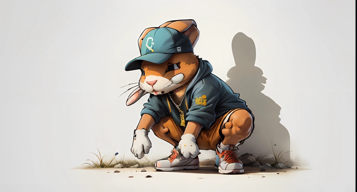 Urban-style rabbit cartoon wearing hip hop cap and sneakers.