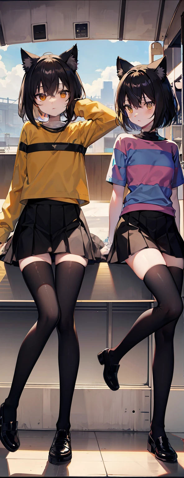 frisk,chara,black over-the-knee socks,Hate the sky,striped shirt,Cat ears