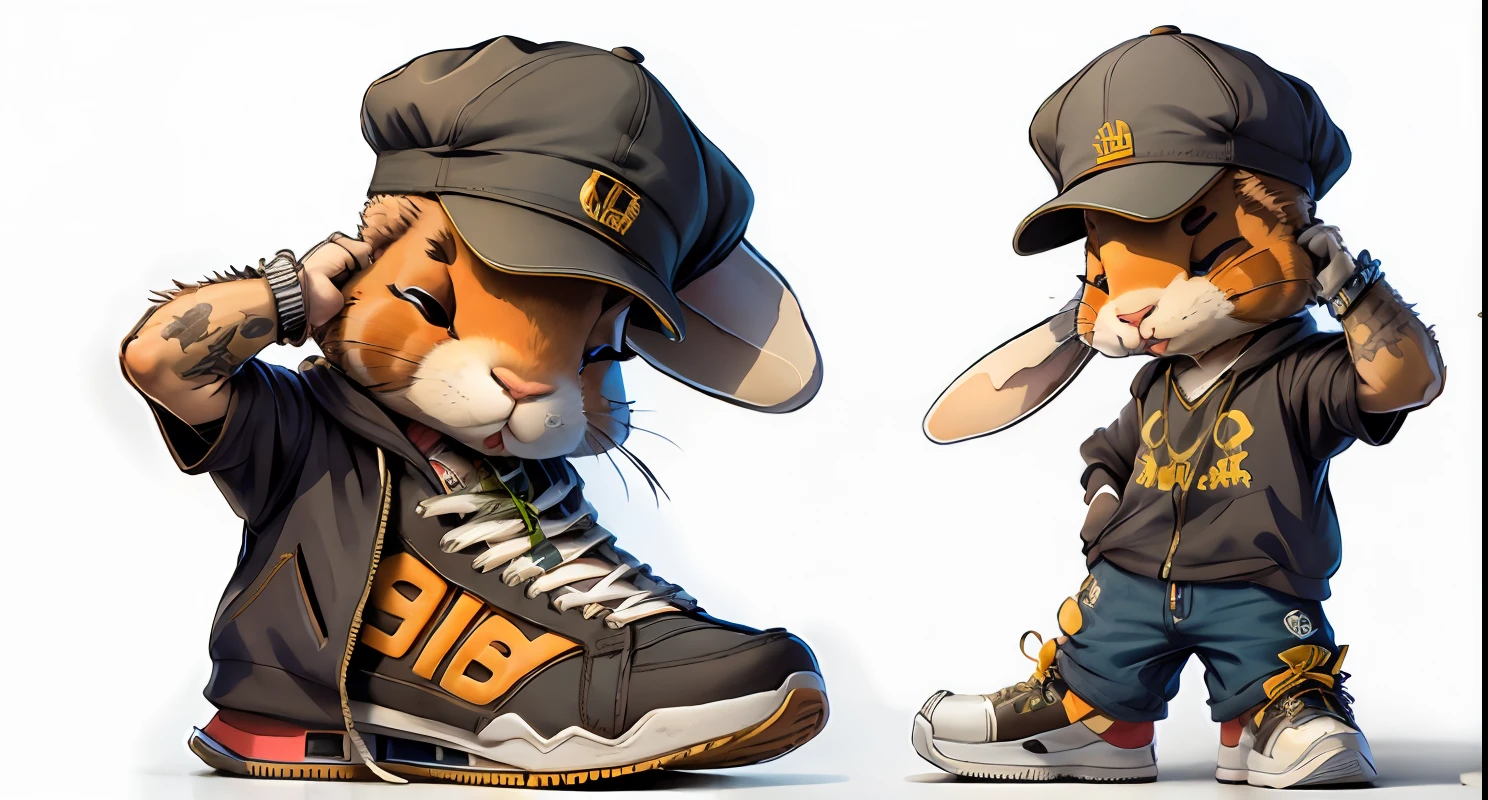 Urban-style rabbit cartoon wearing hip hop cap and sneakers.