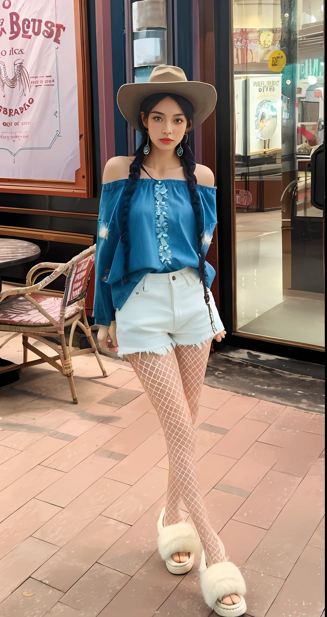 There was a woman standing on the sidewalk wearing a hat, Gorgeous lady, 1970s hippie style, denim short, hippie fashion, gorgeous female, dressed in a top and shorts, street fashion outfit, traditional art, 4 0 9 6, Trendy clothes, white fluffy cotton shorts, Fashion model, short jeans pants, blue attire