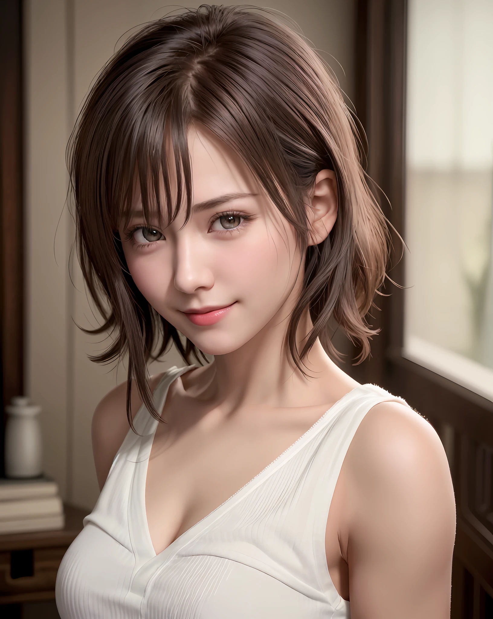 Best Quality, Ultra High Resolution, (Photorealistic: 1.4), Beautiful Eyes, Super Beautiful, Very Short Hair, Beautiful, Sweetheart, T-shirt with Rough Chest, Beautiful Soldier, Eyes That Invite Viewer, Lover's Perspective, Inviting Expression, Sexy Smile, Perfect Style, Perfect Balance, Detailed Skin, Naughty Gaze, Chest Visible