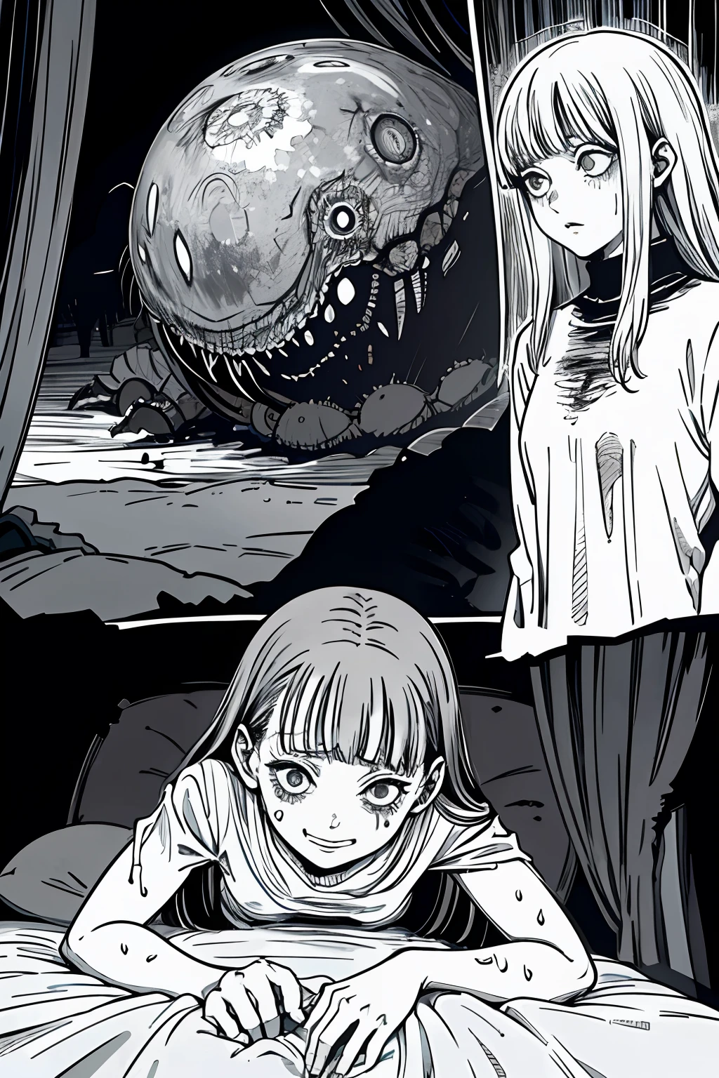 mtu, Covered in worms, Bed, Disgusting, Creepy, nightmare, Disturbing, Creepy, Gloomy, rotten, author：junji ito undertones,