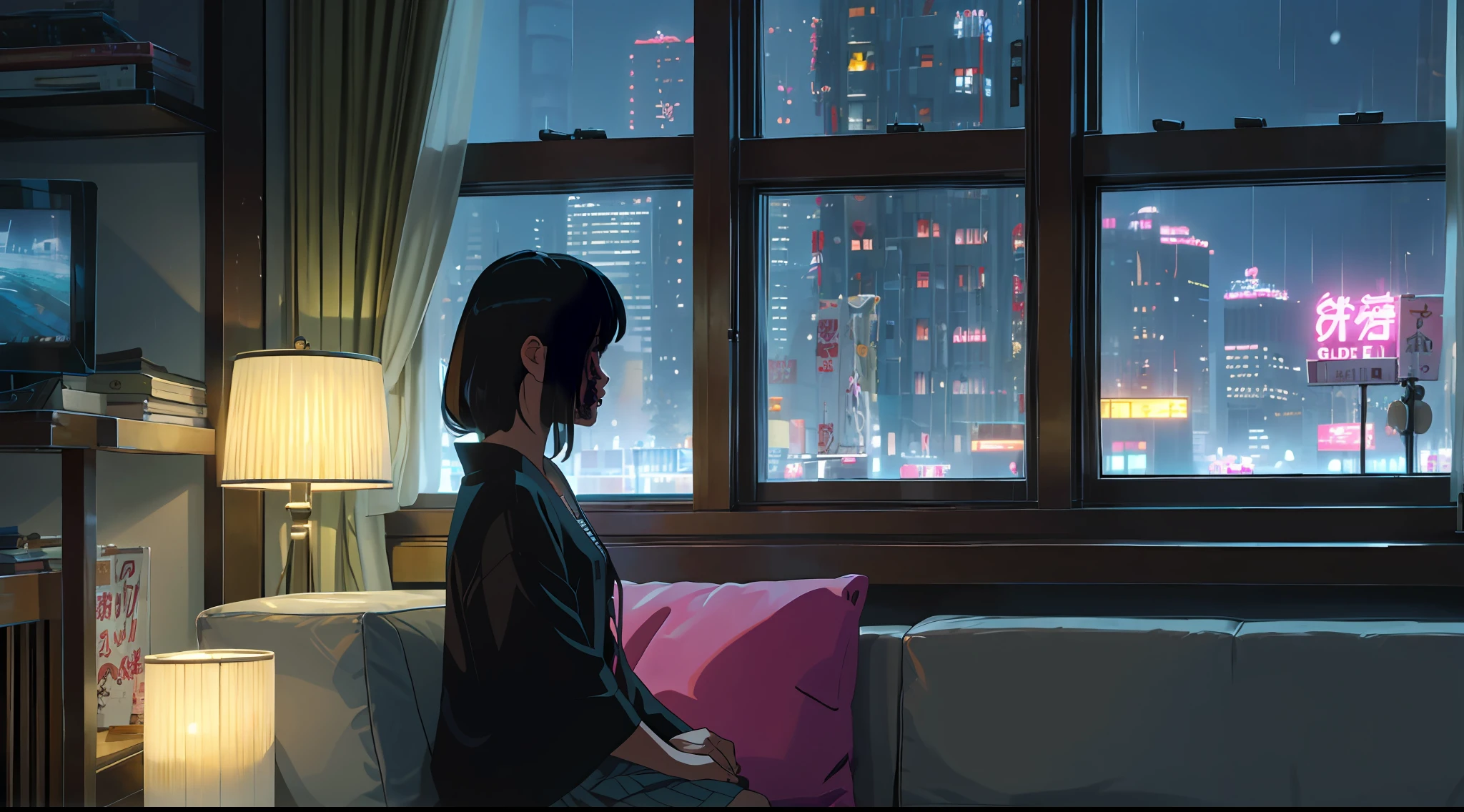 Outside the window is the neon streets of Tokyo in the near future、nigh sky，rainy evening, Girl sitting on sofa，Looking out the window、nighttime scene、Background with，lamplight，Charming。