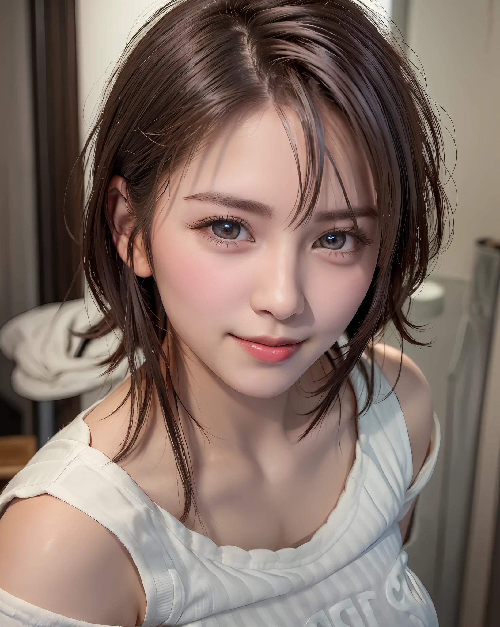 Best Quality, Ultra High Resolution, (Photorealistic: 1.4), Beautiful Eyes, Super Beautiful, Very Short Hair, Beautiful, Sweetheart, T-shirt with Rough Chest, Beautiful Soldier, Eyes That Invite Viewer, Lover's Perspective, Inviting Expression, Sexy Smile, Perfect Style, Perfect Balance, Detailed Skin, Naughty Gaze, Chest Visible