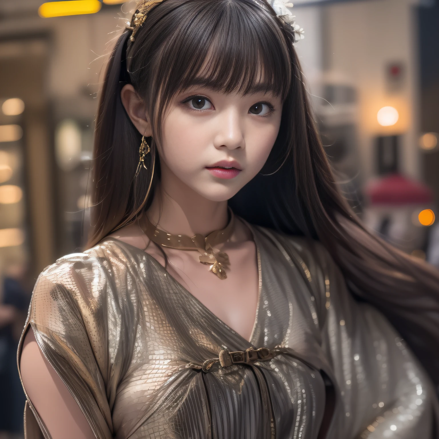 16k, RAW photo, Top quality，A half body，Lateral face，Look up at the perspective, Masterpiece（hyper HD）brunette color hair，15-year-old Hanfu girl，Uniform skirts，Crocodile leather boxing holster，Coarse linen cape，Soft lips，Glossy lips，The girl has fair and tender skin，Soft hair like slippery silk，Sparkling，Almost reluctant to look away。But you know，She wears a sun dress！Imagine that，She just wore a nightdress to go shopping in the bustling Sanlitun，One can't help but want to take a closer look。Take a closer look, desi，Her nightdress is quite fashionable，The skirt flutters in the wind，It's like adding a touch of energy to the whole street，[Wild anime] Hypnotic cool tsundere sister、An anime，Get your spot with cowgirls，Makes you tremble and vulgar，Lip zoom camera，head portrait，Head down and sleepy-eyed，looking at the viewer only"， best qualtiy， hyper HD， （realisticlying：1.4），， A high resolution， the detail， RAW photogr， Sharp Re， Nikon D850 Film Stock Photo by Jefferies Lee 4 Kodak Portra 400 Camera F1.6 shots, Rich colors, ultra-realistic vivid textures, Dramatic lighting, Unreal Engine Art Station Trend, cinestir 800，