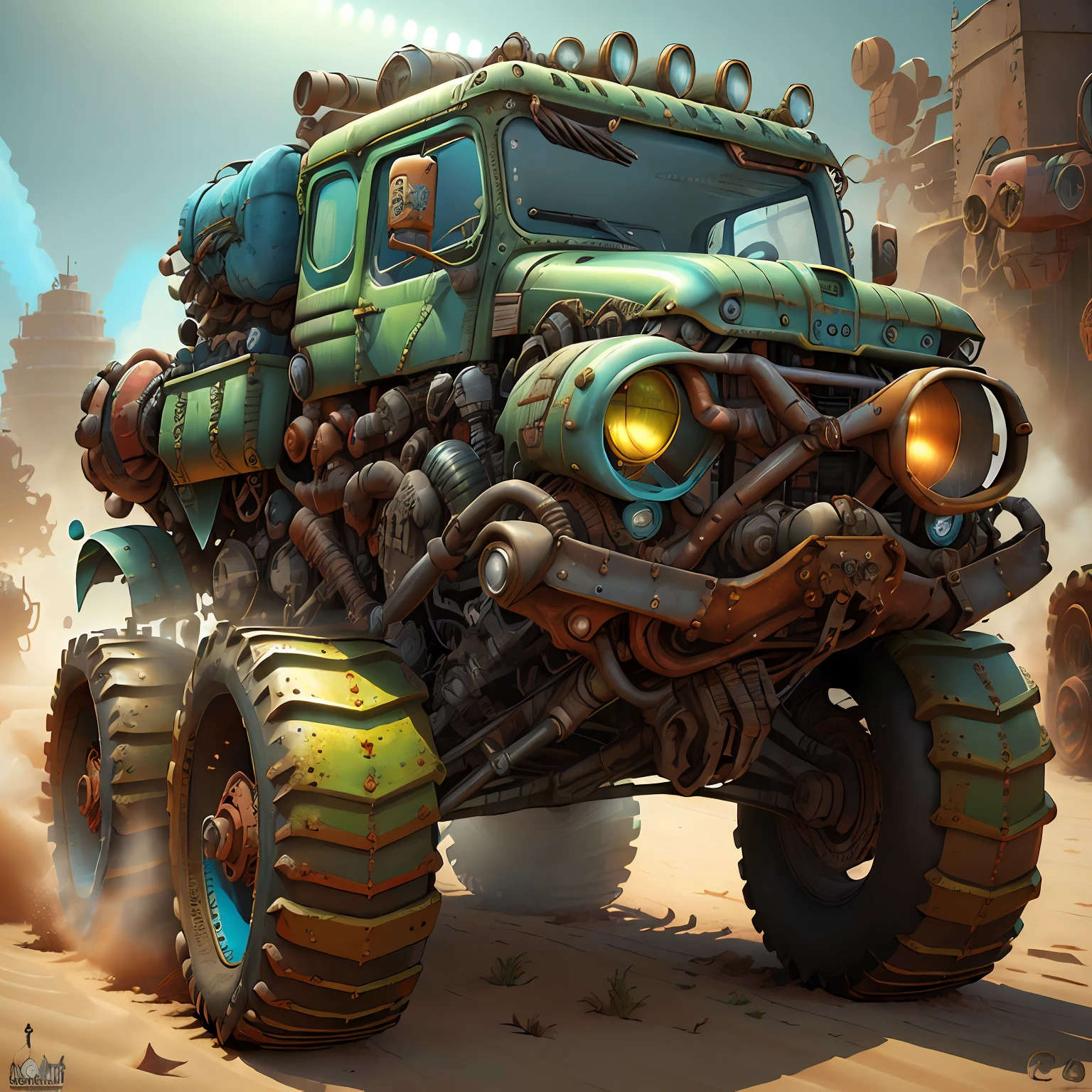 Muscle Truck Carreta Mad Max CogPunkAI ,cores ((,vermelho,azul,amarelo,verde,preto)), 64 K, (coresmetalicas brilhante ),Realismo, Total view ,..3d