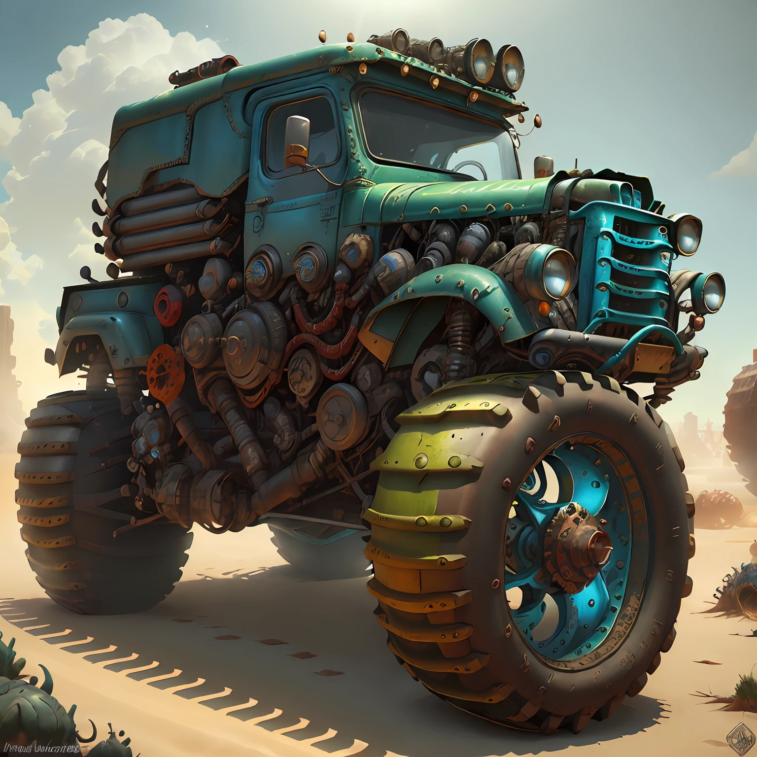 Muscle Truck Carreta Mad Max CogPunkAI ,cores ((,vermelho,azul,amarelo,verde,preto)), 64 K, (coresmetalicas brilhante ),Realismo, Total view ,..3d