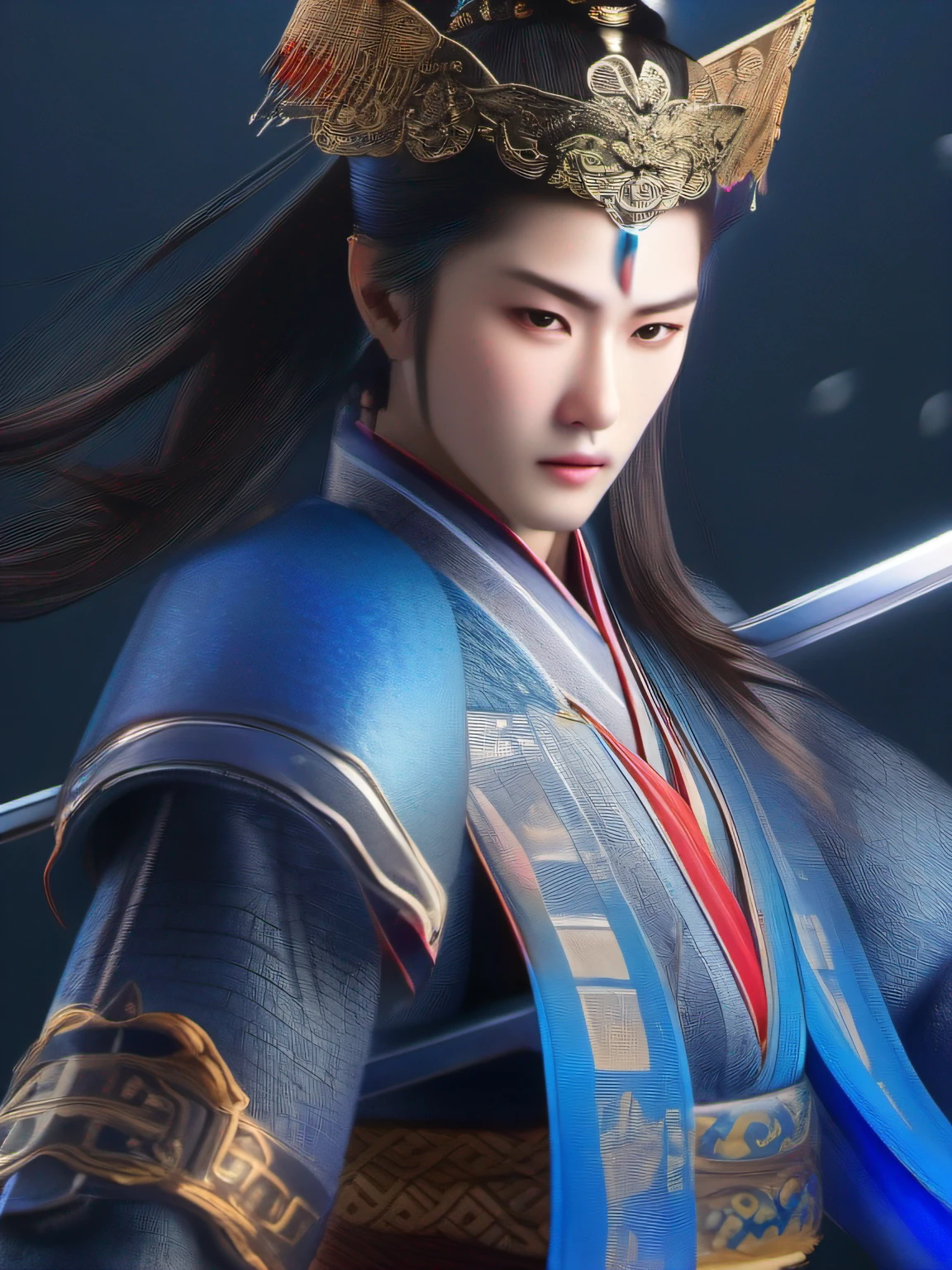 Youth of the Qin Dynasty, Delicate facial features, Symmetrical body, Hold a Blue Blade sword in your hand,The sword qi is rampant,The body is surrounded by blue light, Splashes,The air surges,Ambilight, Ultra-wide angle, Cinema lenses,Dynamic movements, Expressive, Chiaroscuro, smoke explosion,Depth of field 1.5,Character Spotlight,Extreme close-up,illustration ,Drawn by Zao Wou-Ki