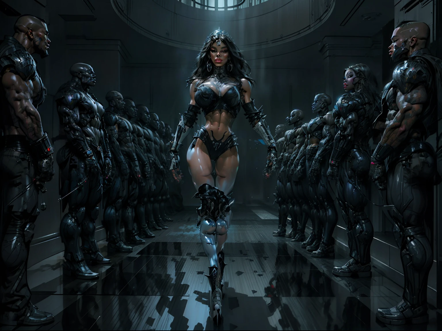 model runway show, A shimmering black metallic robot woman, multiple women, 2 women, colored skin(titanium skin:1.5), walking away from viewer,big ass, looking back, back view, adorned in hues of black metal, emanating a futuristic elegance and technological marvel, pump boots, black metal bra, chrome tiara, exposed midriff, detailed eyes, ((slendered abs )),((huge breasts)), (full bodied), wide hips, (fake lips:1.5), metallic slender abs,rim lighting, side light, cinematic light, ultra high definition, 8k, film grain,best shadow, light particles, detailed skin texture, detailed gem armor texture, detailed face, intricate details, super detailed, bright, spiked heel boots