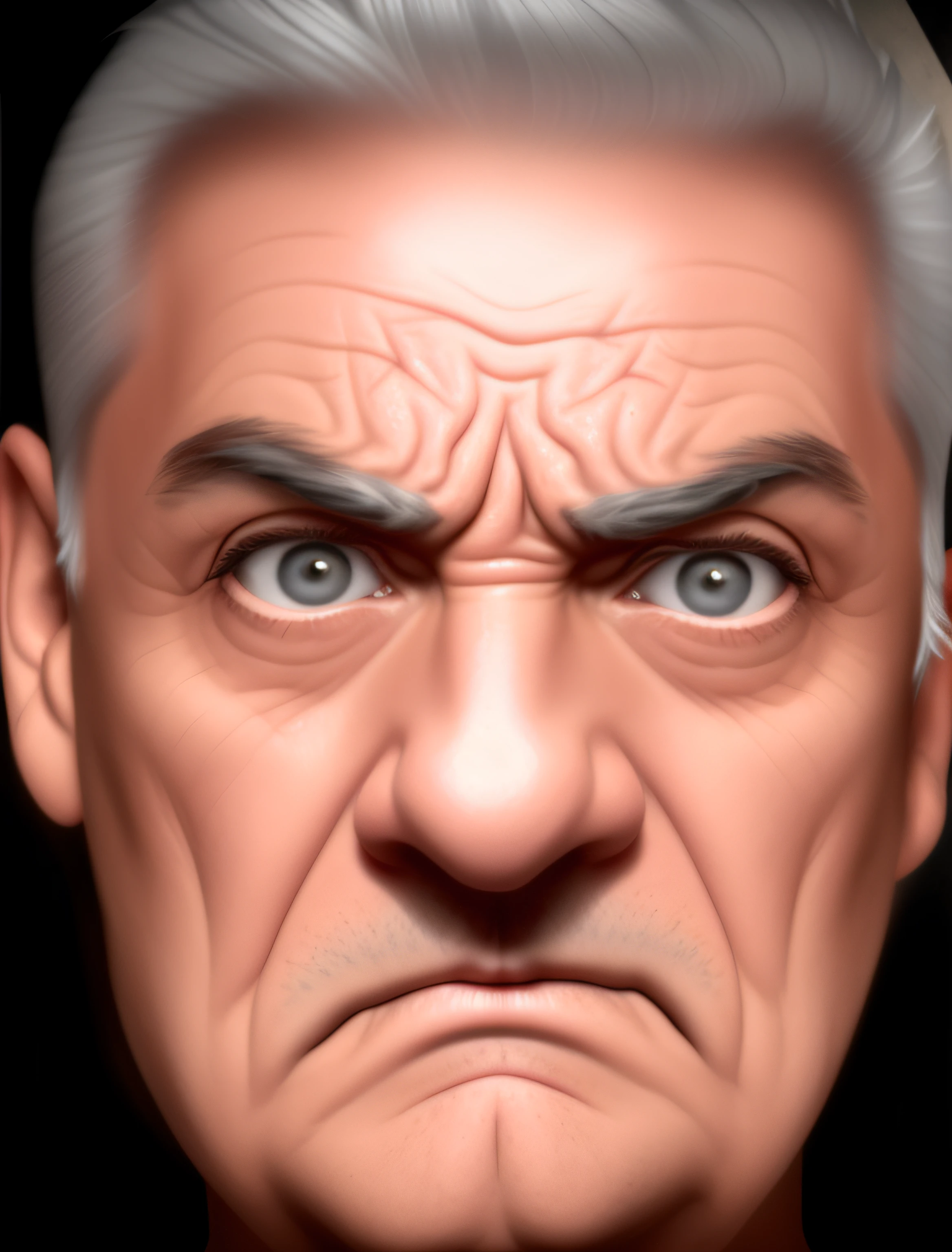 imagem arrogante de um homem com uma cara muito grande no rosto, [ cabelos brancos ], [ sobrancelhas brancas ], Perfect eyelashes, face severa, stern expression, angry expression, mal-humorado [ velho ], angry facial expression, angry looking at camera, cara de raiva, homem zangado, very angry expression, arte digital muito realista, olhar irritado, cara de zangada, parecendo irritado, Scowling, olhar severo, pintura digital ultra realista