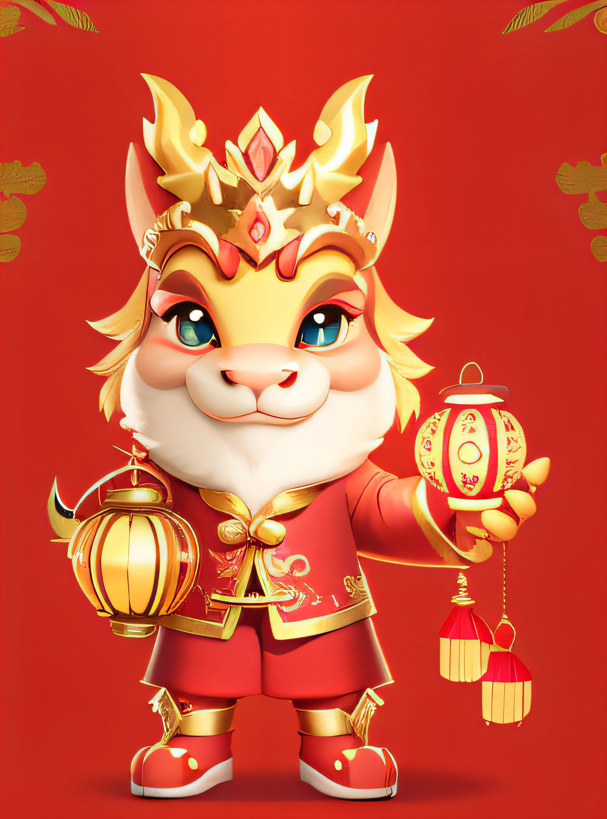 Cartoon Dragon,illustration,2D effect,China-style,New Year mascot,Holding a lantern in his left hand,Holding a gold ingots in his right hand,largeeyes,ssmile,Dragon horns on the head(deer antlers)