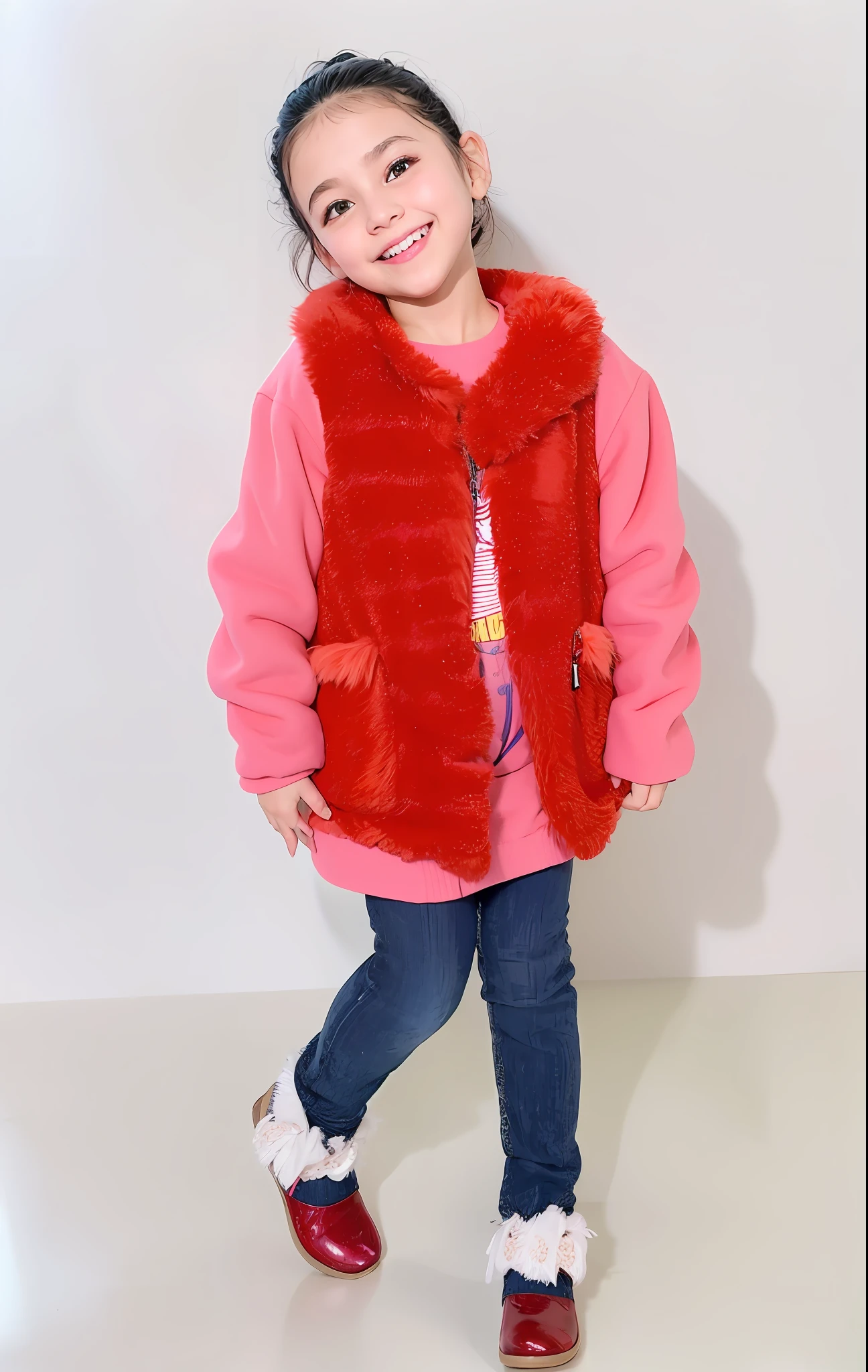 Alafid in pink sweater and blue jeans and red vest, wearing a red gilet, wearing red fur, Cute:2, dressed with long fluent clothes, Furry style, Red vest, wearing red fur cloak, red fabric coat, cool red jacket, Red fur, full body portrait shot, Red clothes