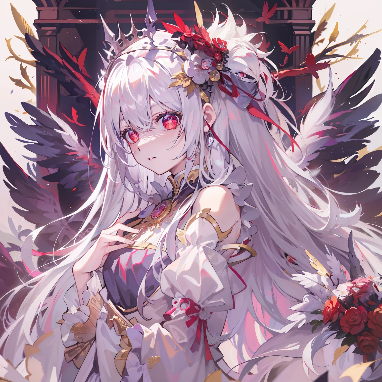 tmasterpiece，best qualtiy，White hair，Pale red eyes，long whitr hair，gothic clothing，long  skirt，medal。Feathers flutter on the back，golden headdress