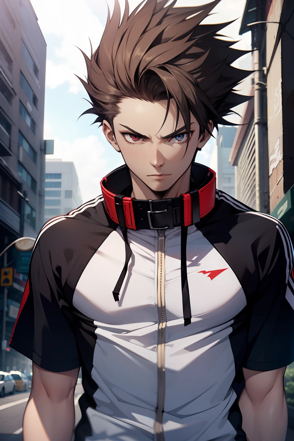 (1 boy), (solo), edgy style, white short hair, messy hair, punk clothes, athletic body, pale skin, ((high quality)), ((hd)), (very detailed), strong body, collar