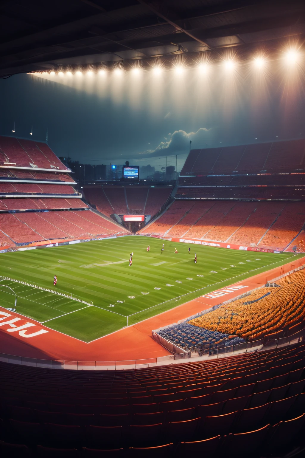 (obra-prima, qualidade superior, melhor qualidade, arte oficial, beautiful and aesthetic: 1.2), extremamente detalhado, (arte fractal: 1.2), colorido, mais detalhado) Football match in crowded stadium