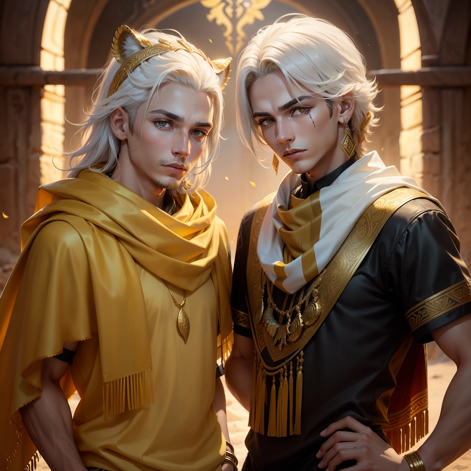 Young male children,Feathered Serpent,Fair skin,adolable,Golden eyes,cabellos largos dorados,White scarf,Sharp tiger teeth,There are golden scales on the neck,desert environment,yellow clothing