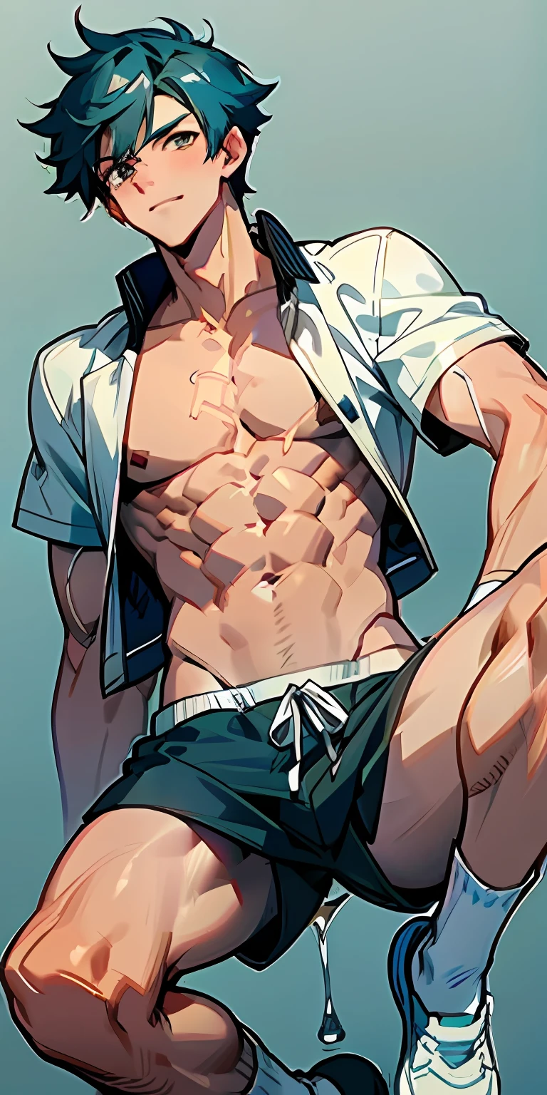 Handsome guy in white socks, abs boy, sunny handsome, anime male protagonist, male high school student, white socks, topless, sports shorts, full body photo, detailed face, bulge, wet shorts
