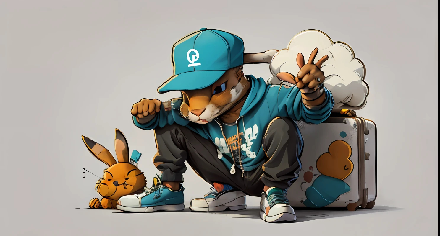 "A stylized cartoon showing an urban rabbit wearing a hip hop cap, with modern sneakers and cool attitude."