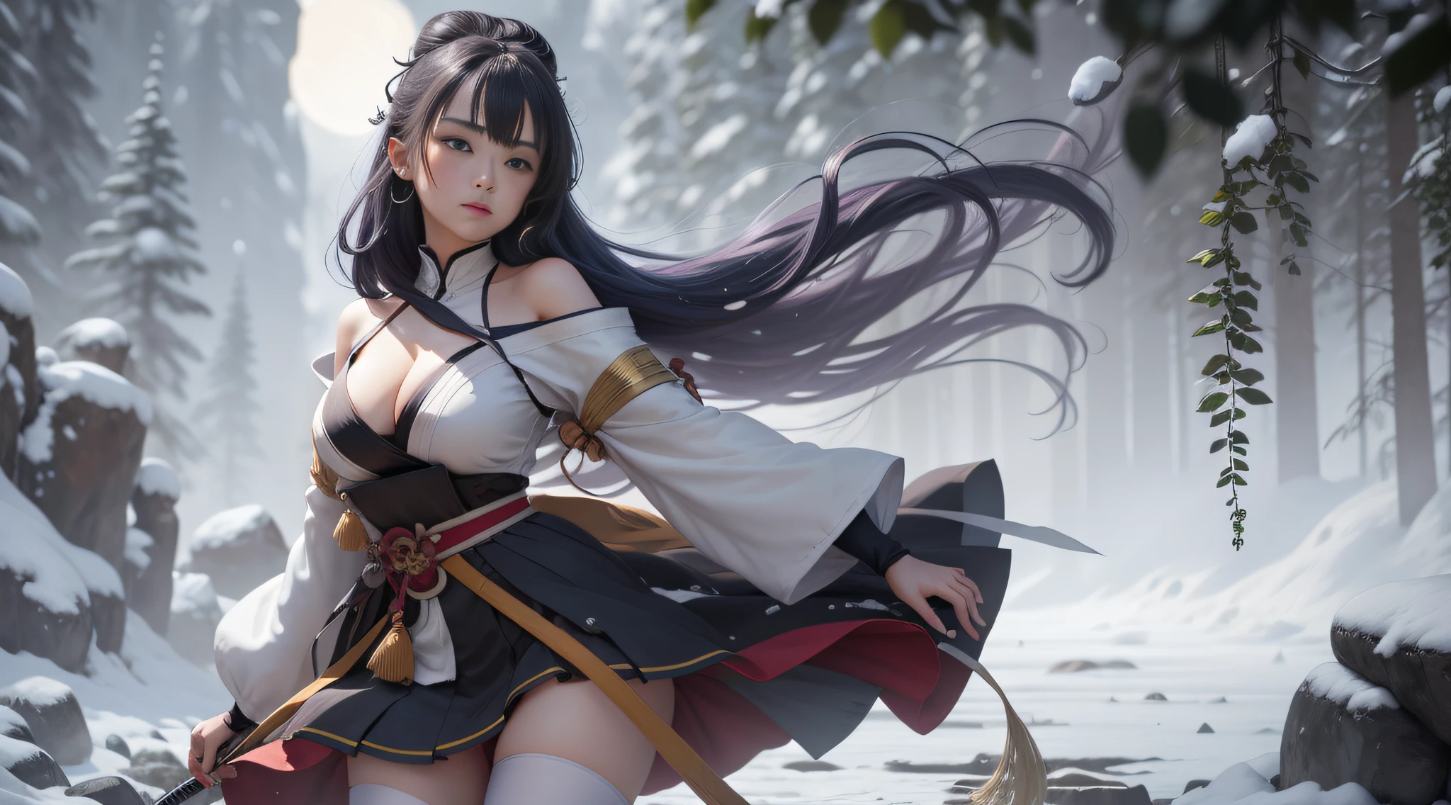 Motion blur, Depth of field,A place where strange boulders are bent,The moonlight shone on the side of the girl's face,22 year old,realisticlying,Female Taoist,no-bra,vacuum,Extra-long sleeves,Off-the-shoulder attire,huge tit,cleavage,Full length of colorful hair(1.9),Color gradient for long hair,Messy hair,Barefoot,realskin,realcumAI,Snow-white skin,Snow-white thighs,Top image quality,Extreme light and shadow,Colorful tights,High details,Standing painting,lines of movement,Japanese Katana Sword,katana swords,Hold the katana horizontally,Dance,komono,PC Wallpapers,Two-thirds of the canvas generates characters