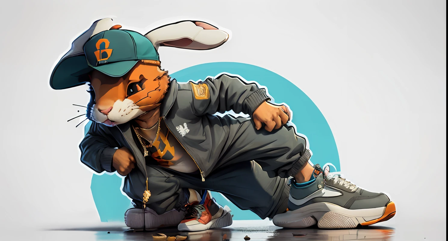 "A stylized cartoon showing an urban rabbit wearing a hip hop cap, with modern sneakers and cool attitude."