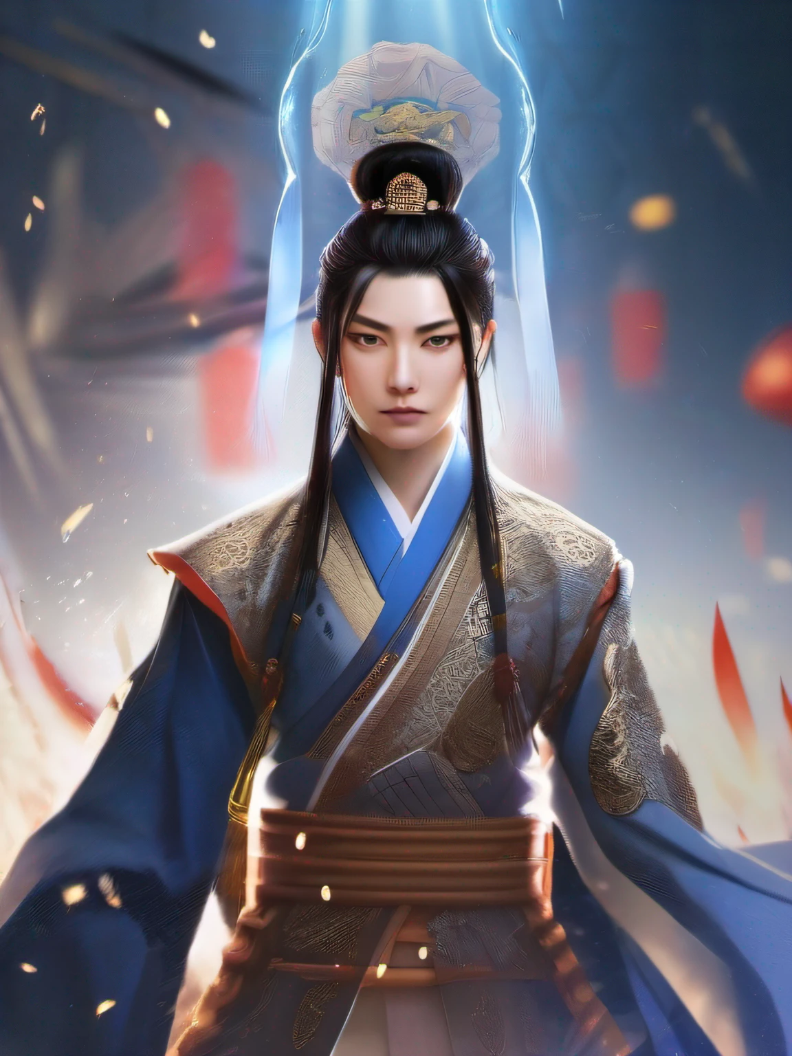 Youth of the Qin Dynasty, Delicate facial features, Symmetrical body, Wield a sword,The sword qi is rampant, Surrounded by blue light, Splashes,Ambilight, Ultra-wide angle, Cinema lenses,Dynamic movements, Expressive, Chiaroscuro, smoke explosion,Depth of field 1.5,Character Spotlight,Extreme close-up,illustration ,Drawn by Huang Bin Hong