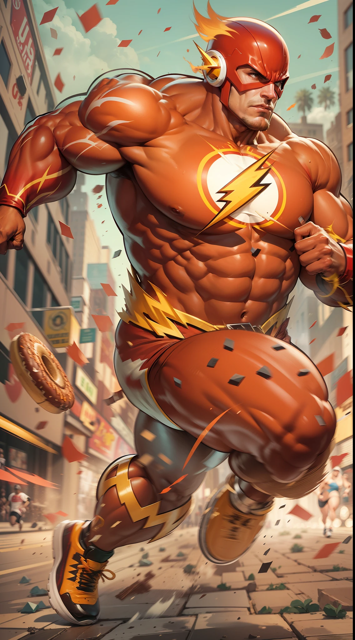 (Ultra resolution 8K), La mejor calidad posible, comic illustration of Flash legendary character distinctive costume with a few extra pounds running around the city at full speed, leaving behind a trail of doughnut crumbs and sweating as if he had run a marathon in a sauna! Every time you try to make a quick turn, se tambalea como un trompo pasado de peso y termina haciendo piruetas descontroladas. Even so, Still the fastest hero... Although you may need to make a stop at the plus-size clothing store before saving the day.. Es Flash!, pero con un toque de "Flash" adicional en cada paso!