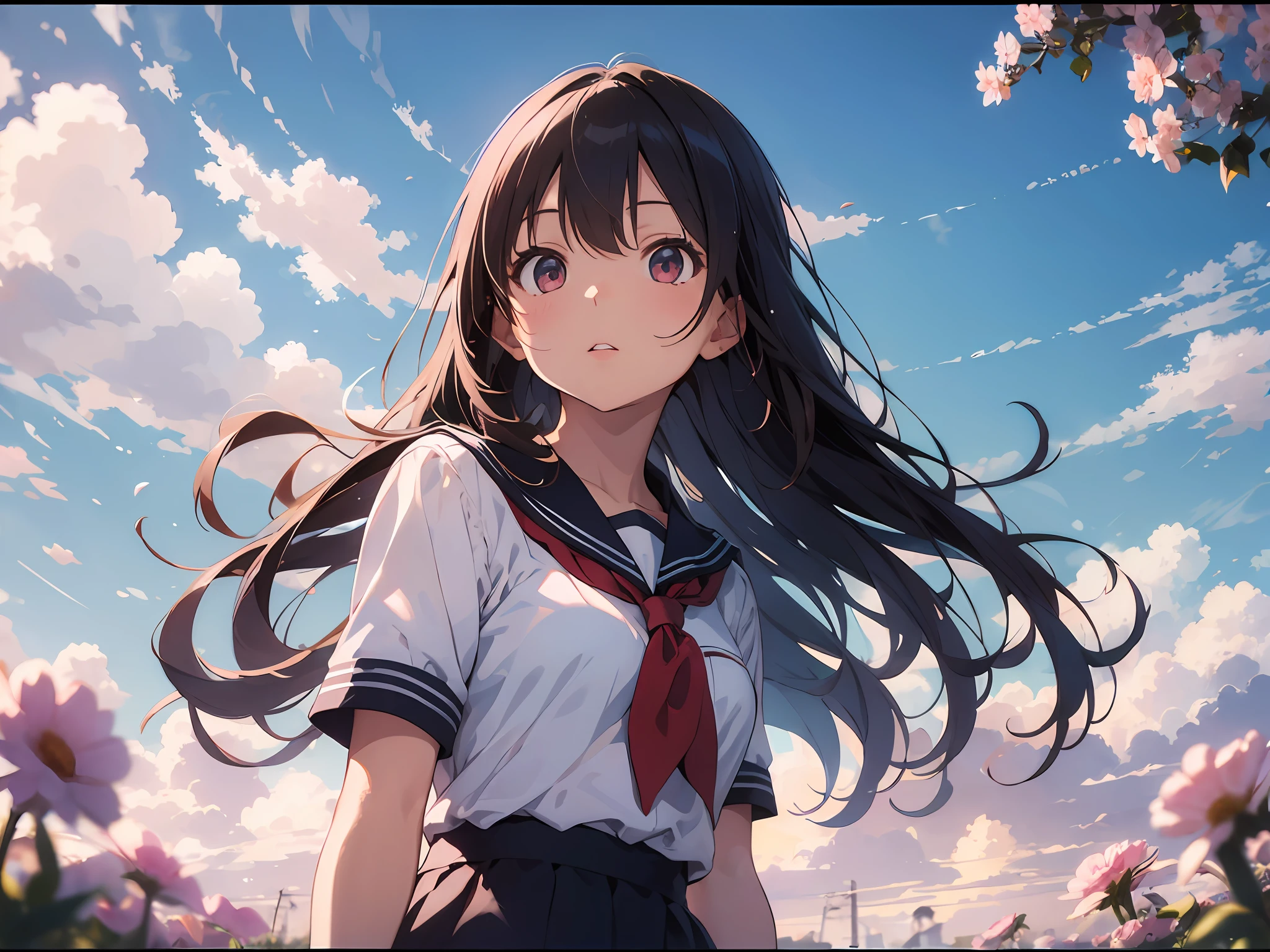 (masterpiece, best quality),1girl, solo, flower, long hair, outdoors, letterboxed, school uniform, day, sky, looking up, short sleeves, parted lips, shirt, cloud, black hair, sunlight, white shirt, serafuku, upper body, from side, pink flower, blurry, brown hair, blue sky, depth of field