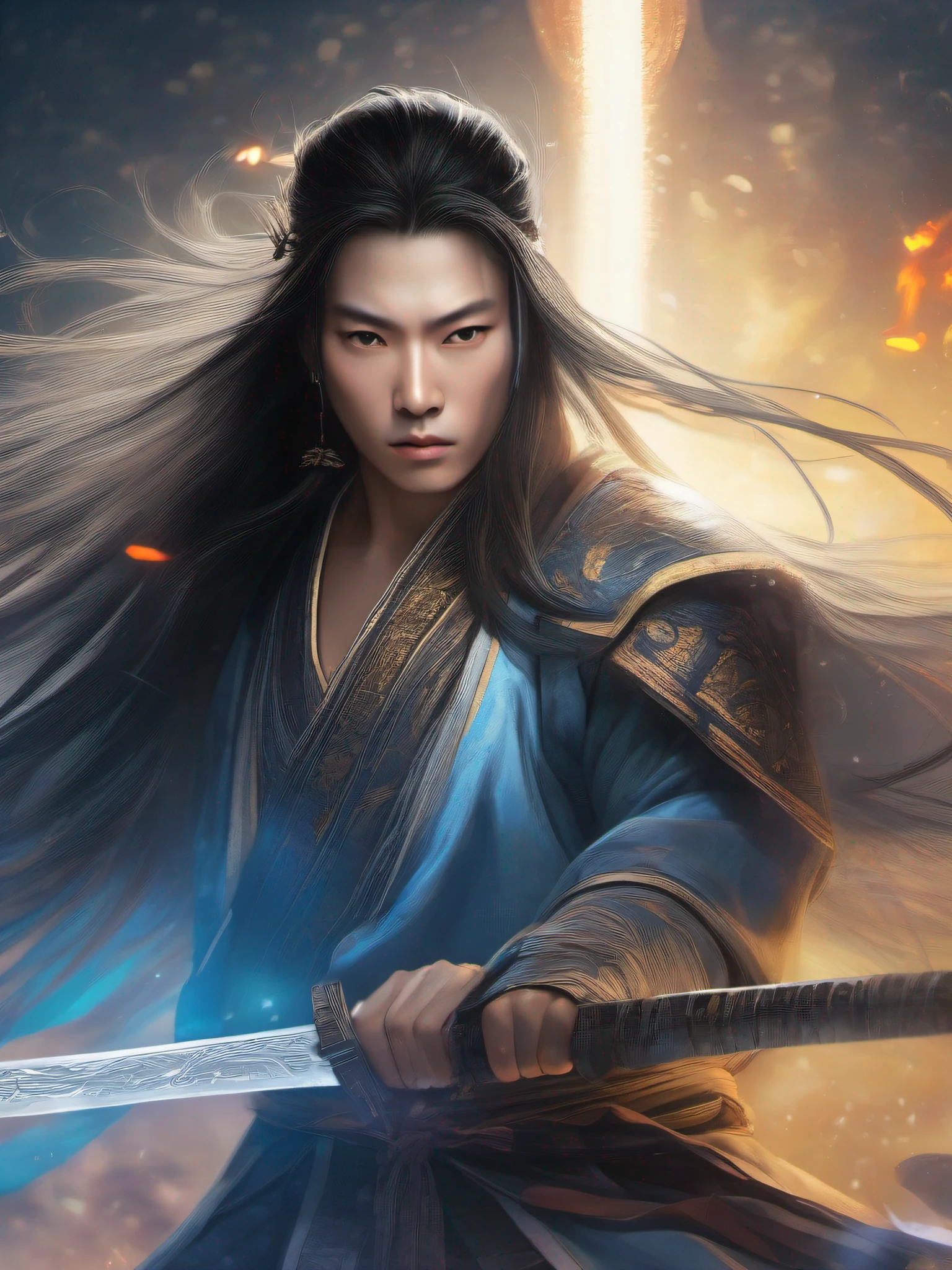 Youth of the Qin Dynasty, Delicate facial features, Symmetrical body, Wield a sword，The sword qi is rampant， Surrounded by blue light, Splashes，Ambilight， Ultra-wide angle, Cinema lenses,Dynamic movements, Expressive, Chiaroscuro, smoke explosion，Depth of field 1.5，Character Spotlight，Extreme close-up，illustration ,Drawn by Huang Bin Hong