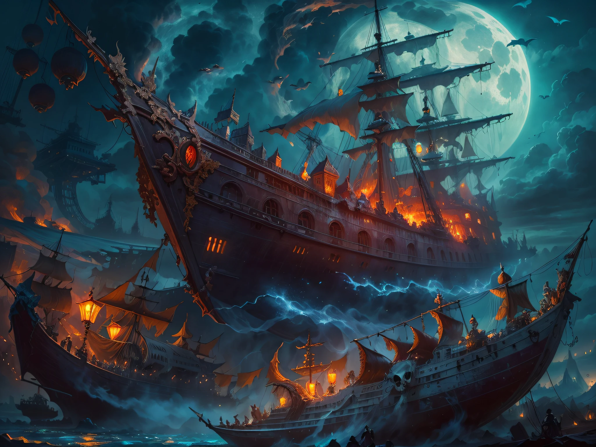 Nighttime, ((Flying Skull Ghost Ship Painting Surrounded by Undead and Ghosts))++, ((Skeleton Ghost Ship))++, Blue Flames, Night Cloudy Clouds, Full Moon, Red Full Moon in Background , fantasy, highly detailed digital art in 4K, high quality detailed art in 8K, in the style of Cyril Roland, detailed fantasy digital art, epic fantasy science fiction illustration, amazing wallpaper, inspired by Gaston Bussiere Done, the apocalypse brings, , evil magical energies,