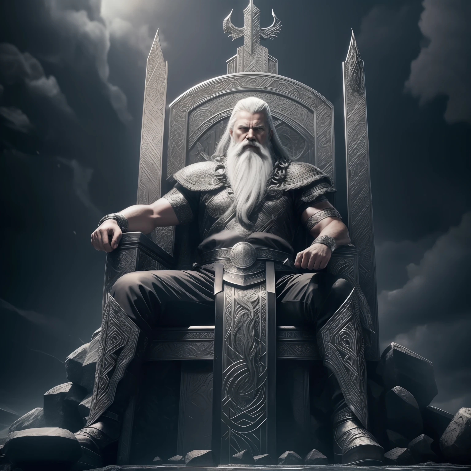 photo realistic, angry scary masculine god odin, sitting throne, digital surrealism, enchanting, rough, glistening, intricate detailed, super resolution, 8k