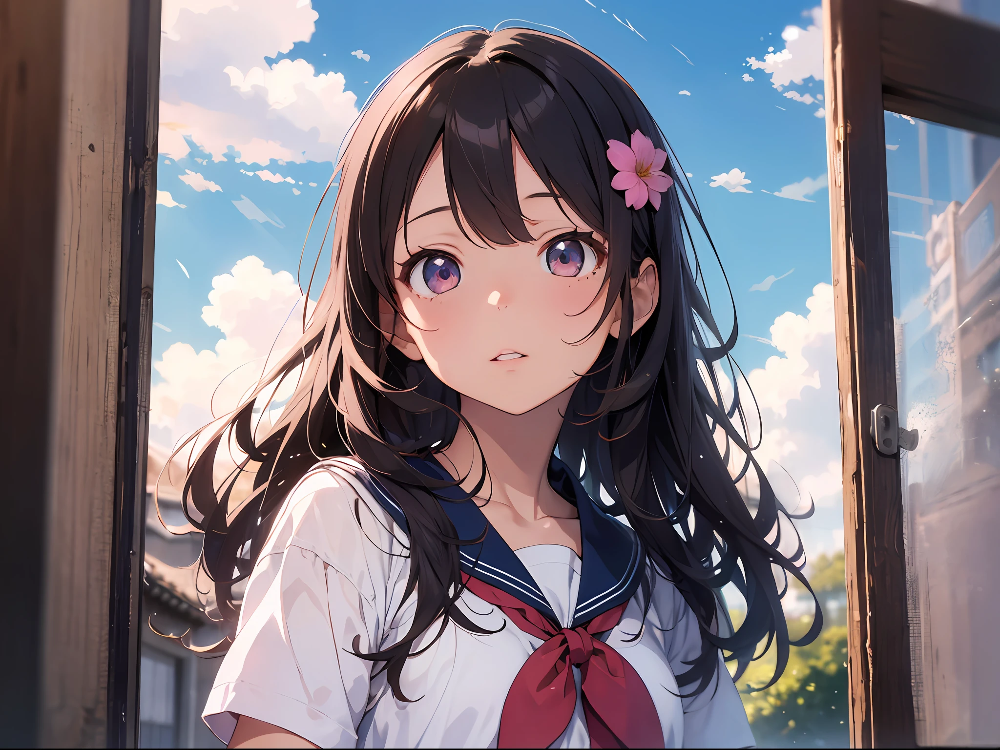 (masterpiece, best quality),1girl, solo, flower, long hair, outdoors, letterboxed, school uniform, day, sky, looking up, short sleeves, parted lips, shirt, cloud, black hair, sunlight, white shirt, serafuku, upper body, from side, pink flower, blurry, brown hair, blue sky, depth of field