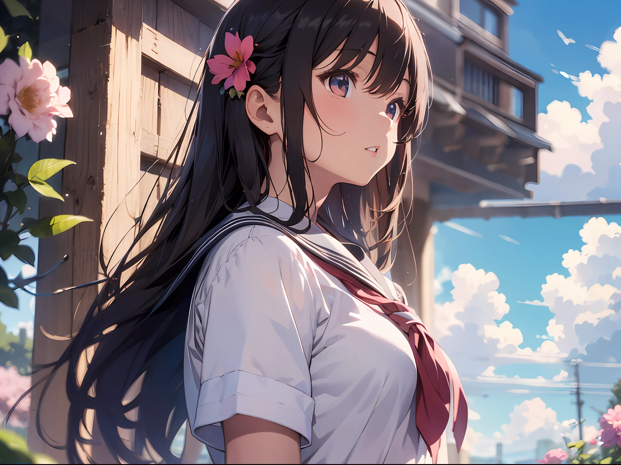 (masterpiece, best quality),1girl, solo, flower, long hair, outdoors, letterboxed, school uniform, day, sky, looking up, short sleeves, parted lips, shirt, cloud, black hair, sunlight, white shirt, serafuku, upper body, from side, pink flower, blurry, brown hair, blue sky, depth of field