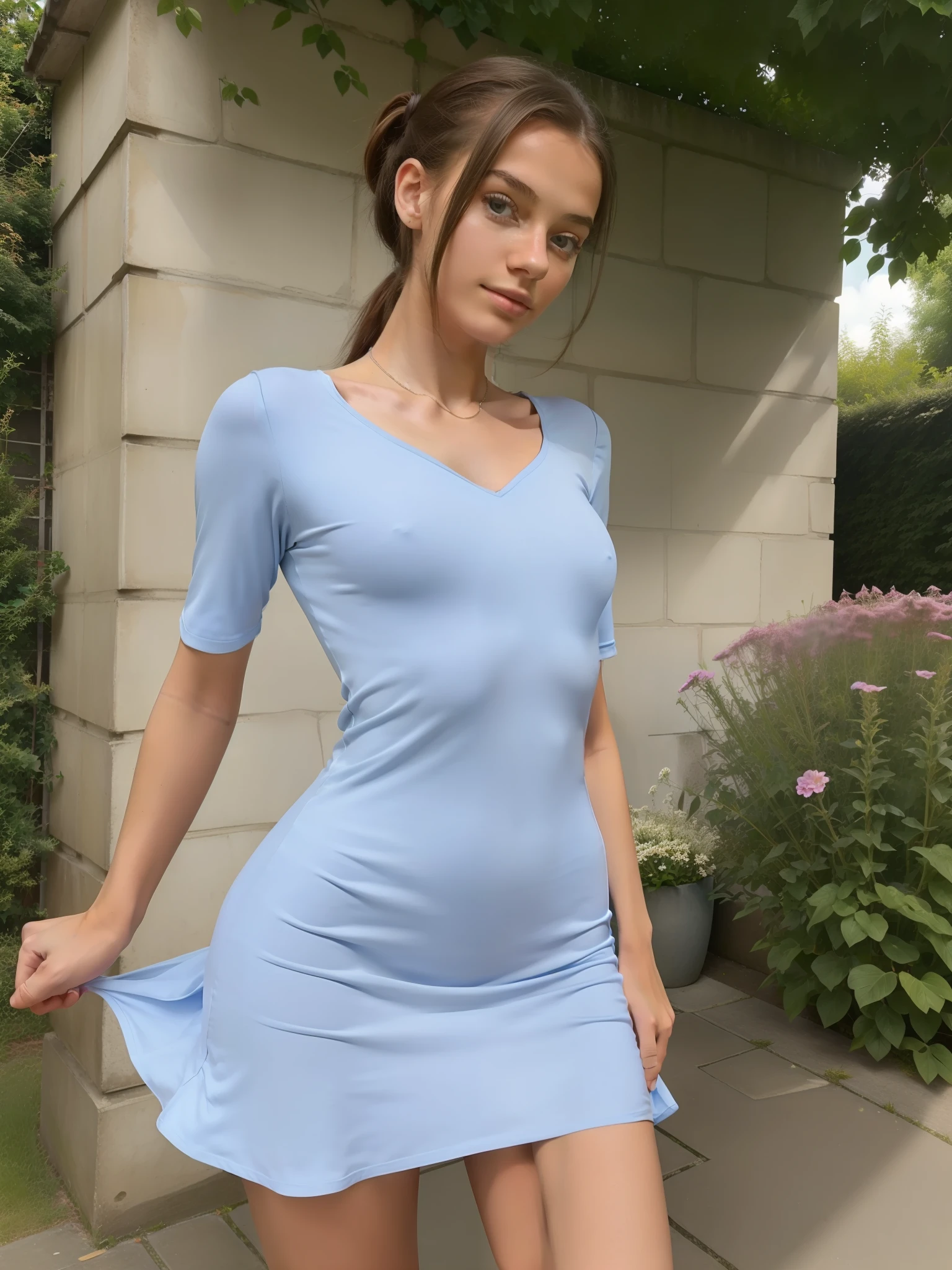 Petite French  girl, Meisterwerk, Foto, Ultra-detailliert, ultra realistisch, tight ballett dress, Spaltung, Pferdeschwanz, Sommersprossen