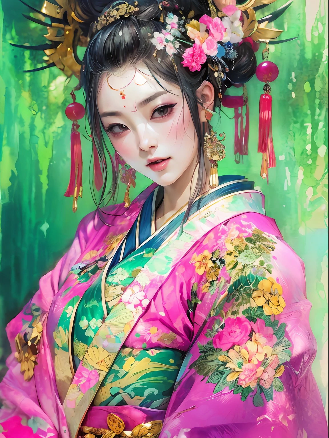 HighestQuali，tmasterpiece：1.2，Detailed details，（Very detailed face，Real pictures，Realistic skin，photorealistic body，Complicated details），独奏，1 milf，rcasual，ukiyoe painting，（aquarelle：1.3），Oiran