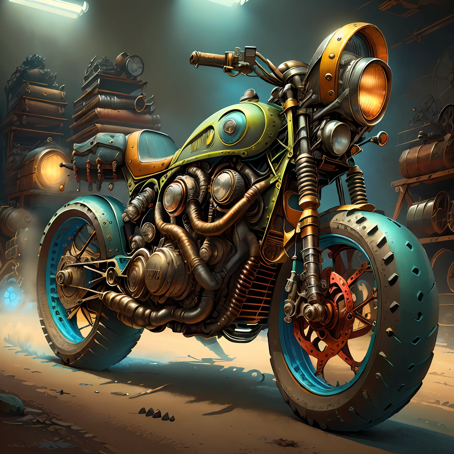 Muscle motocicleta Mad Max CogPunkAI ,cores ((,vermelho,azul,amarelo,verde,black)), 64k, (coresmetalicas brilhante ),Realismo, total view ,....4d