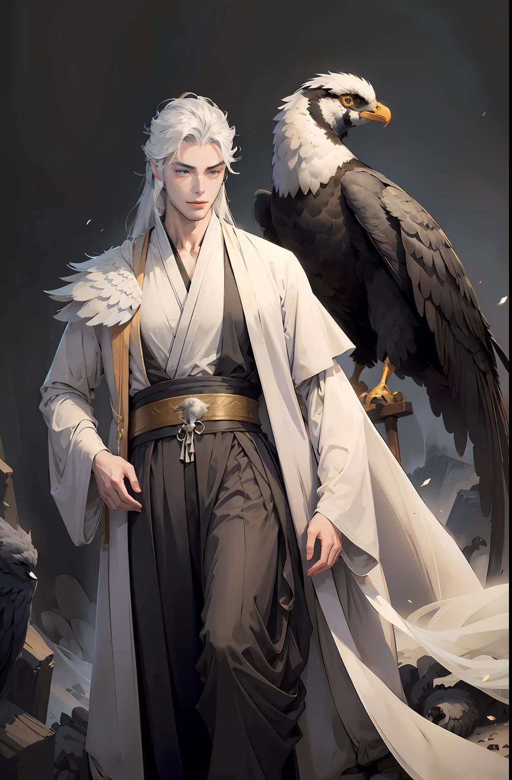 Handsome face,Exquisite facial features,silver-white long hair,Long smooth hair,shawl,Ancient men's hair