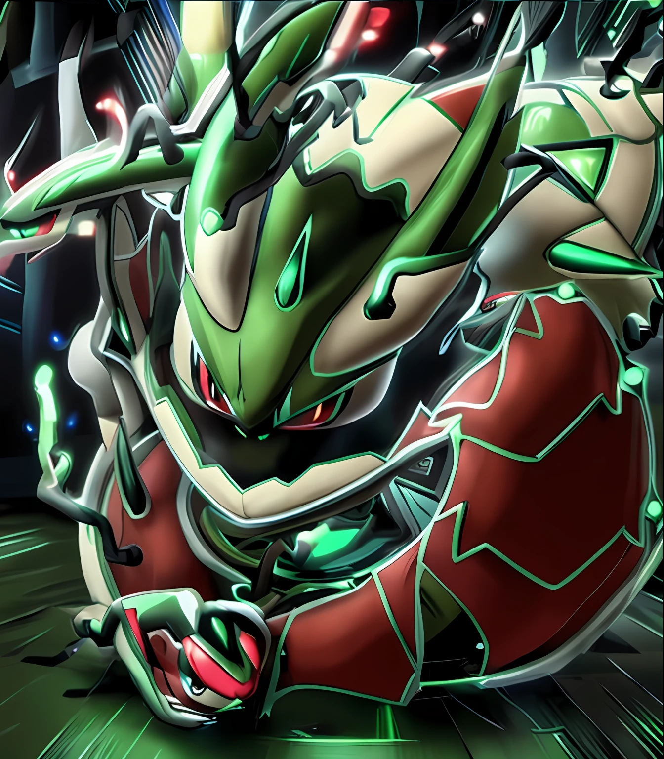 deixe parecido com rayquaza, com cor verde e muito chamativo, But do not miss the essence of this character of the image