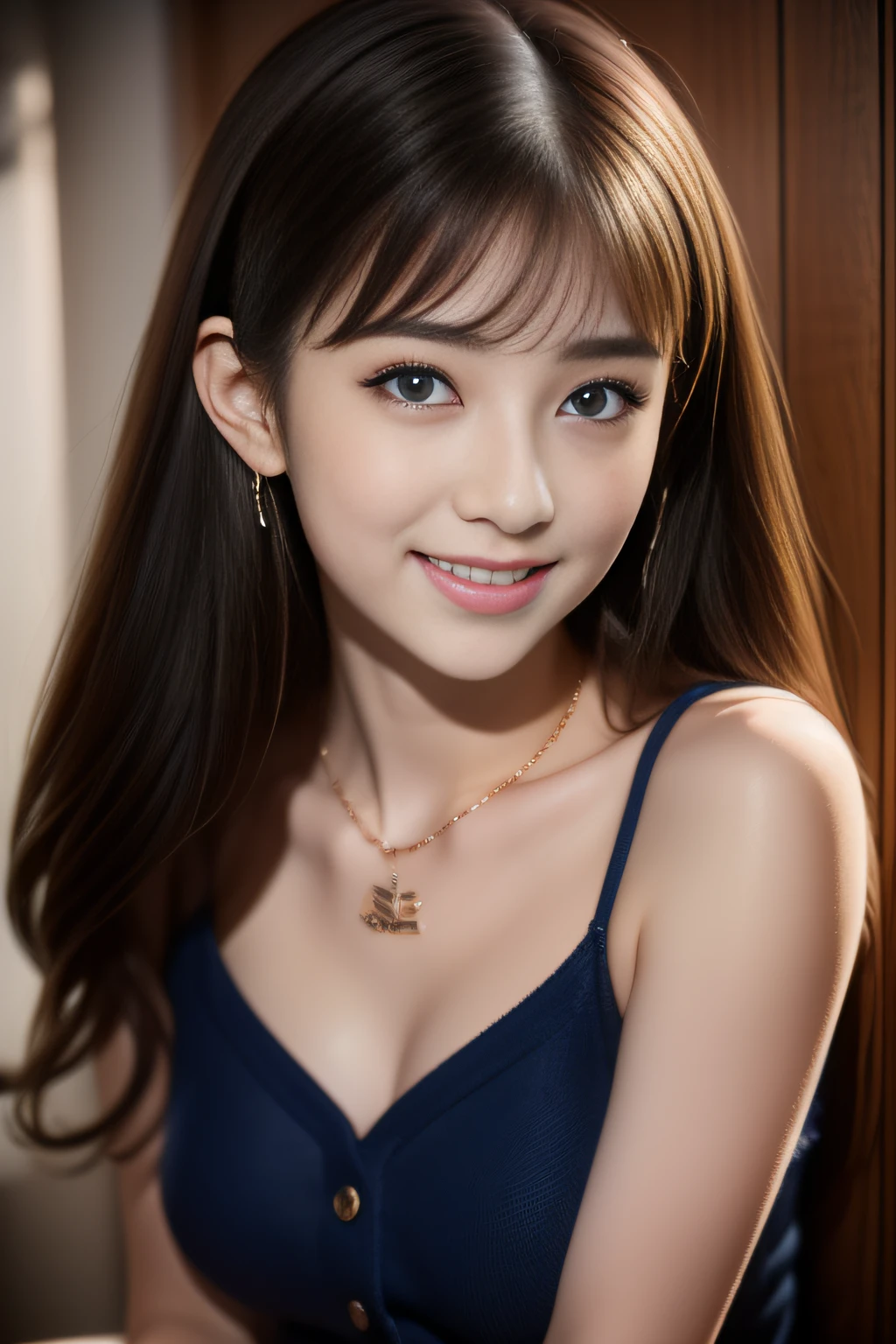 in 8K、top-quality、​masterpiece、ultra-detailliert、超A high resolution、1 18-year-old girl、azure eyes、big eye、Fashionable hairstyle、A slight smil、portlate、耳Nipple Ring、a necklace、