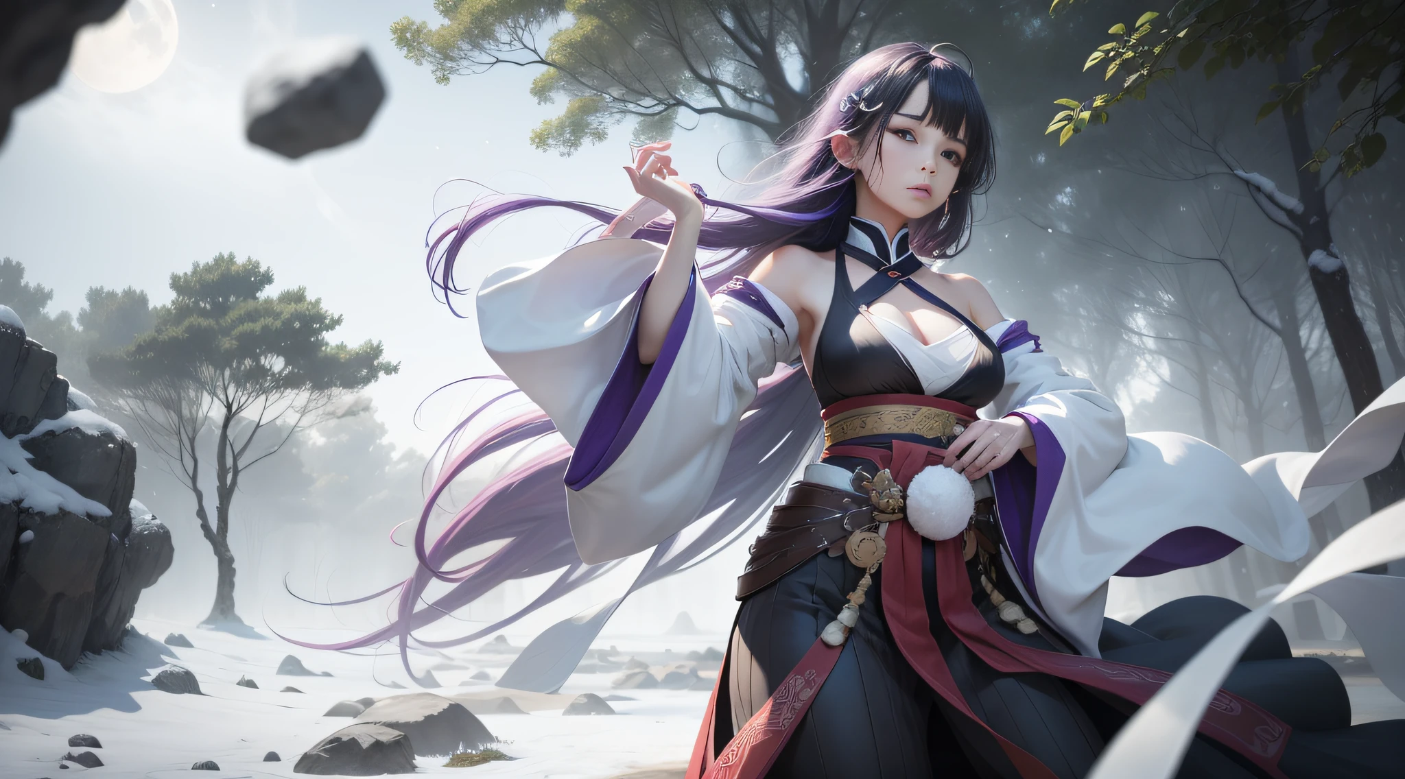 Motion blur, Depth of field,A place where strange boulders are bent,The moonlight shone on the side of the girl's face,22 year old,realisticlying,Female Taoist,no-bra,vacuum,Extra-long sleeves,Off-the-shoulder attire,huge tit,cleavage,Full length of colorful hair(1.9),Color gradient for long hair,Messy hair,Barefoot,realskin,realcumAI,Snow-white skin,Snow-white thighs,Top image quality,Extreme light and shadow,Colorful tights,High details,Standing painting,lines of movement,Japanese Katana Sword,katana swords,Hold the katana horizontally,Dance,komono,PC Wallpapers,Two-thirds of the canvas generates characters