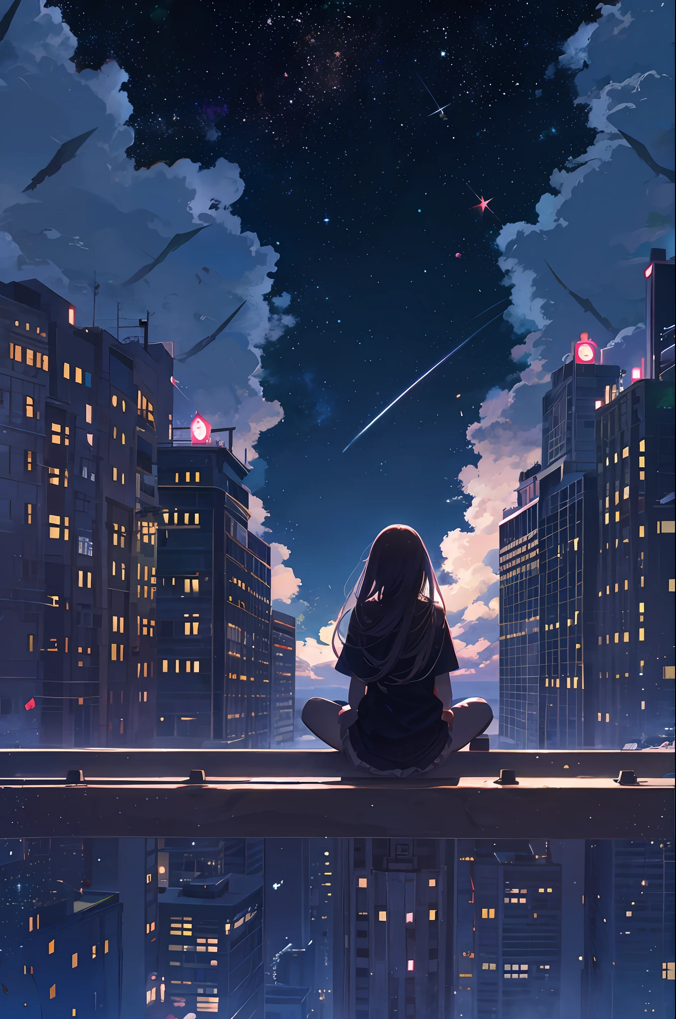 octans, sky, star (sky), scenery, starry sky, night, 1girl, night sky, solo, outdoors, building, cloud, milky way, sitting, tree, long hair, city, silhouette, cityscape