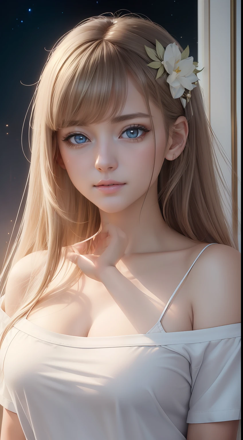 (photorealistic:1.4), (masterpiece, side dim light, finely detailed beautiful eyes: 1.2), masterpiece*portrait, realistic, 3d face, Stelle \(honkai star rail\), 1girl, white oversize T-shirt, bare shoulder, universe, rail, bangs, blush, shy, lustful eyes, medium long hair, looking at viewer, gasp, medium breasts