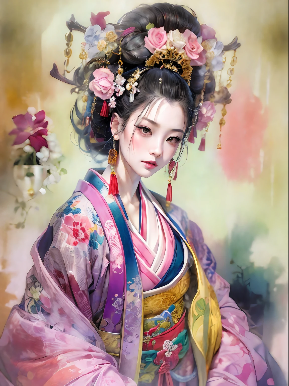 HighestQuali,tmasterpiece:1.2,Detailed details,(Very detailed face,Real pictures,Realistic skin,photorealistic body,Complicated details),独奏,1 milf,rcasual,ukiyoe painting,(aquarelle:1.3),Oiran