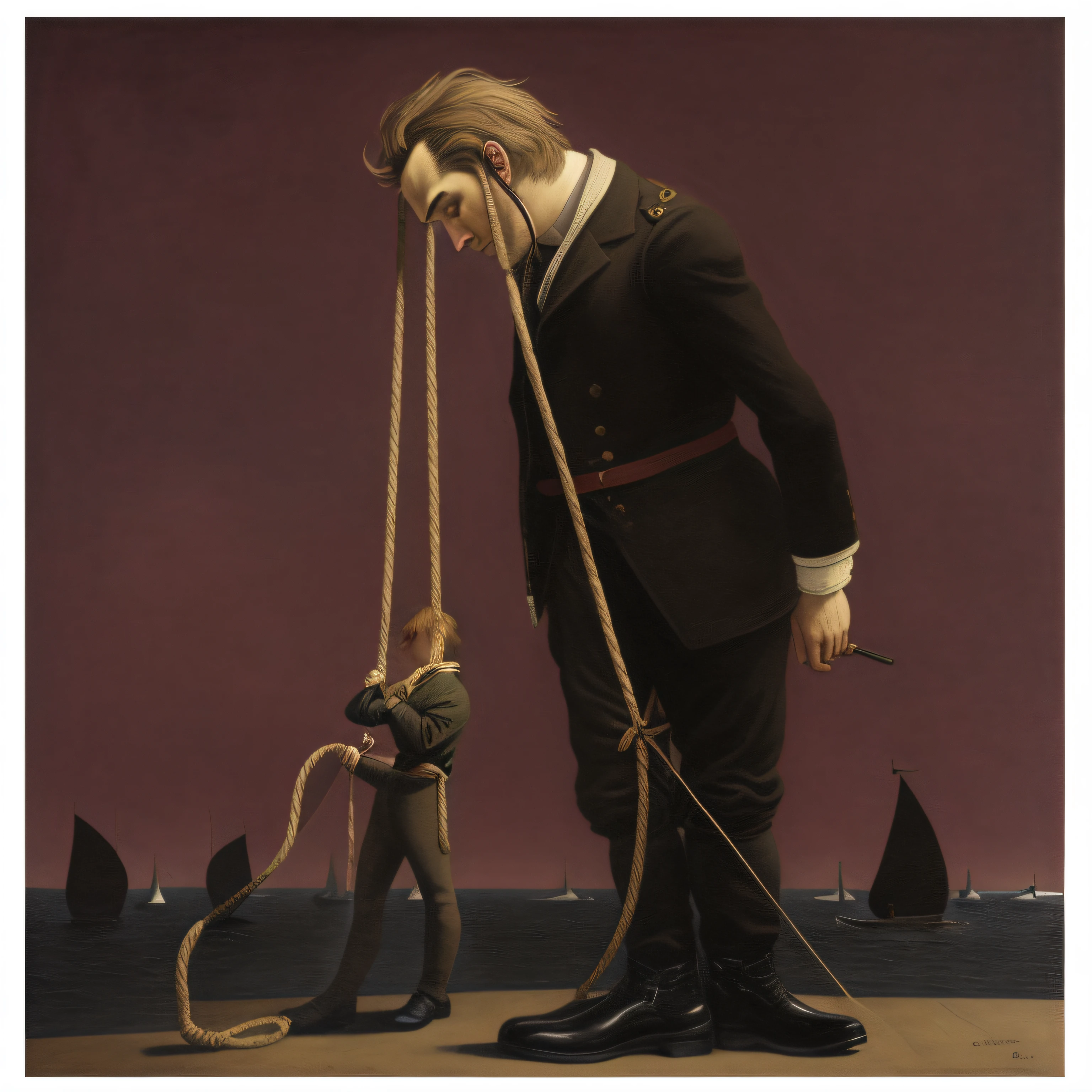 painting of a man tied up with a rope and an anchor, inspired by Pál Szinyei Merse, by Pál Szinyei Merse, style of santiago caruso, inspired by Hugo Simberg, a surrealist painting, rene magritte. detailed, inspired by Horace Vernet, inspired by Noémi Ferenczy
