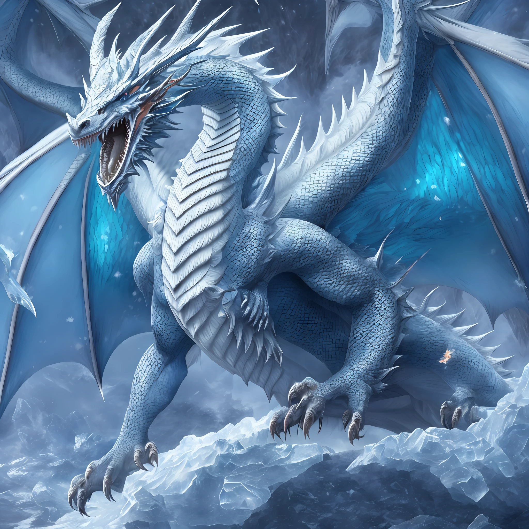 (absurdres, highres, ultra detailed),(Masterpiece, best quality:1.2),1 dragon,pure white scales,blue eyes, surrounded by ice,ice dragon,king of frost, absolute zero, extremely detailed eyes,huge body and wings,sharp teeth, facing the viewer,royal dragon,
