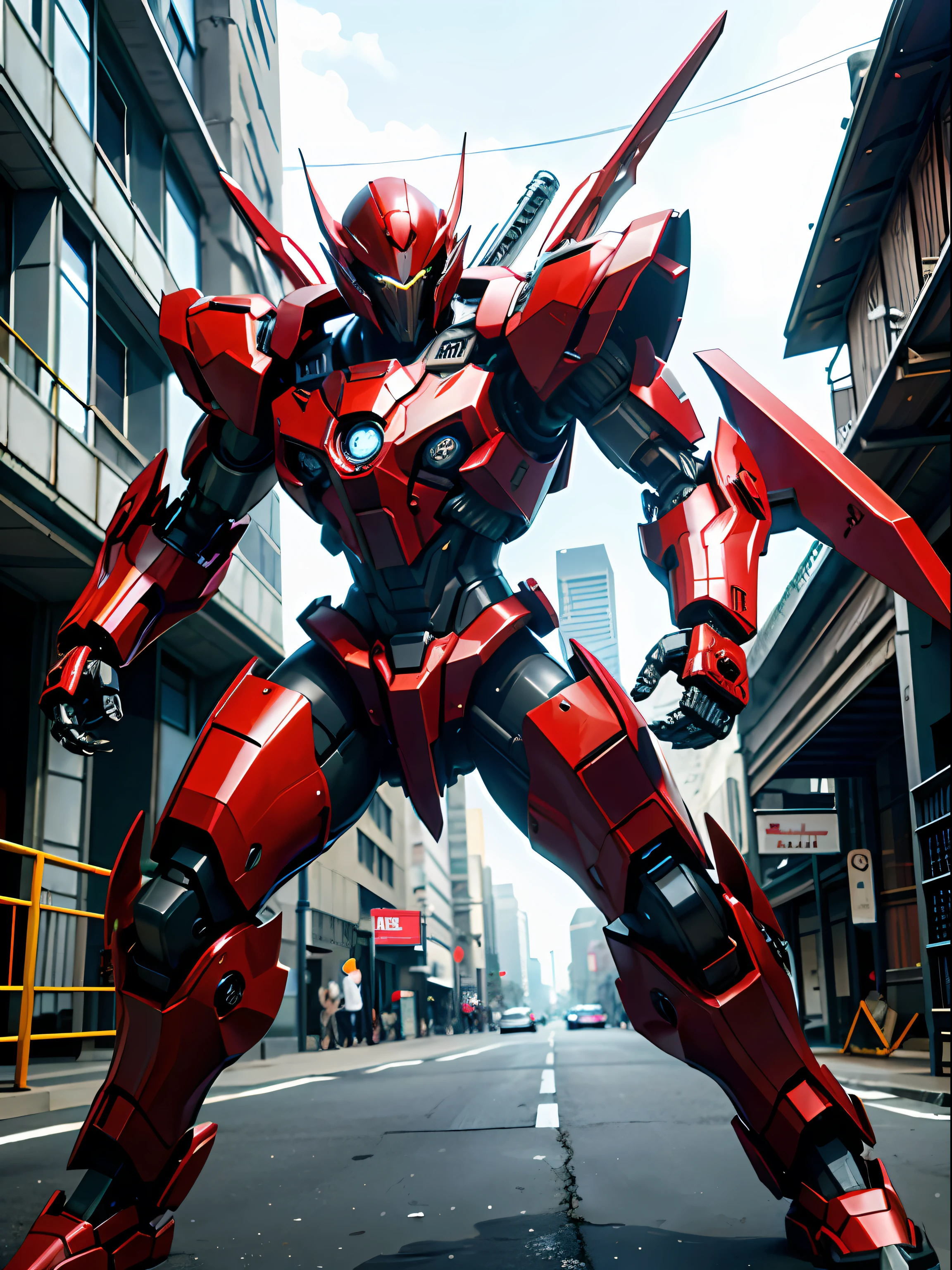 Raw foto,Dark_Fantasy, Cyberpunk, (Big Revolver, Sword Man, Red: 1.1), 1man, Mechanical Wonder, Robotic Presence, Cybernetic Guardian, street, building destroyed