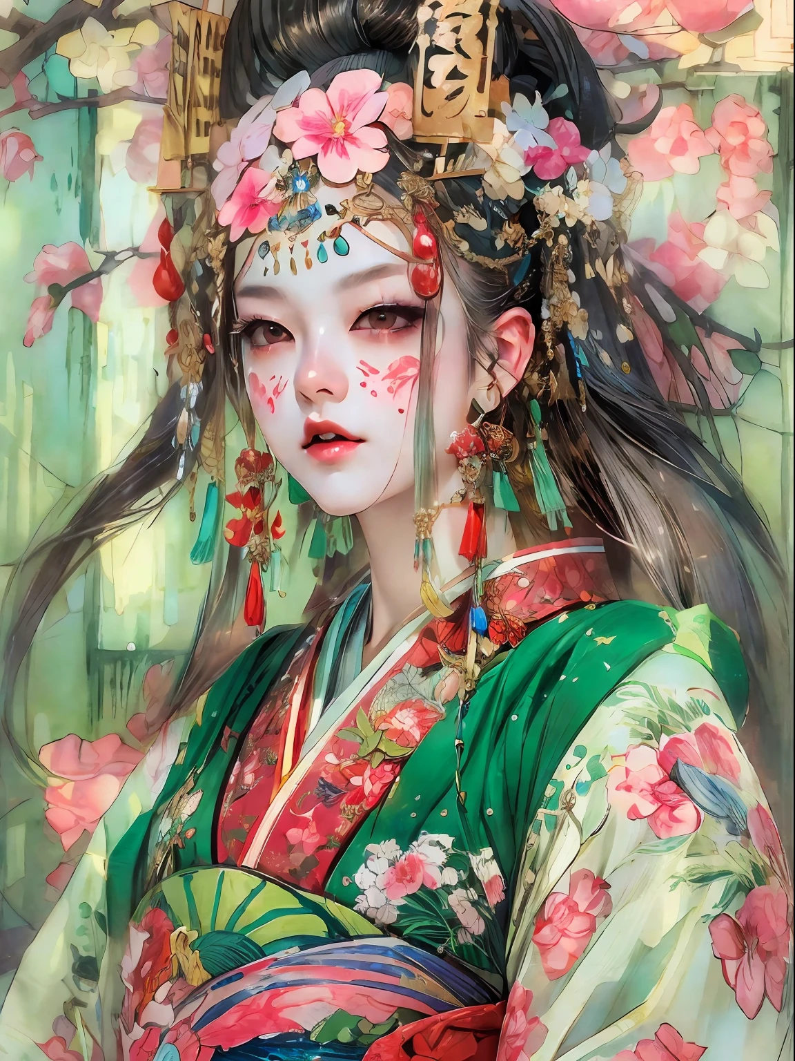 HighestQuali，tmasterpiece：1.2，Detailed details，（Very detailed face，Real pictures，Realistic skin，photorealistic body，Complicated details），独奏，1 milf，rcasual，ukiyoe painting，（aquarelle：1.3），Oiran