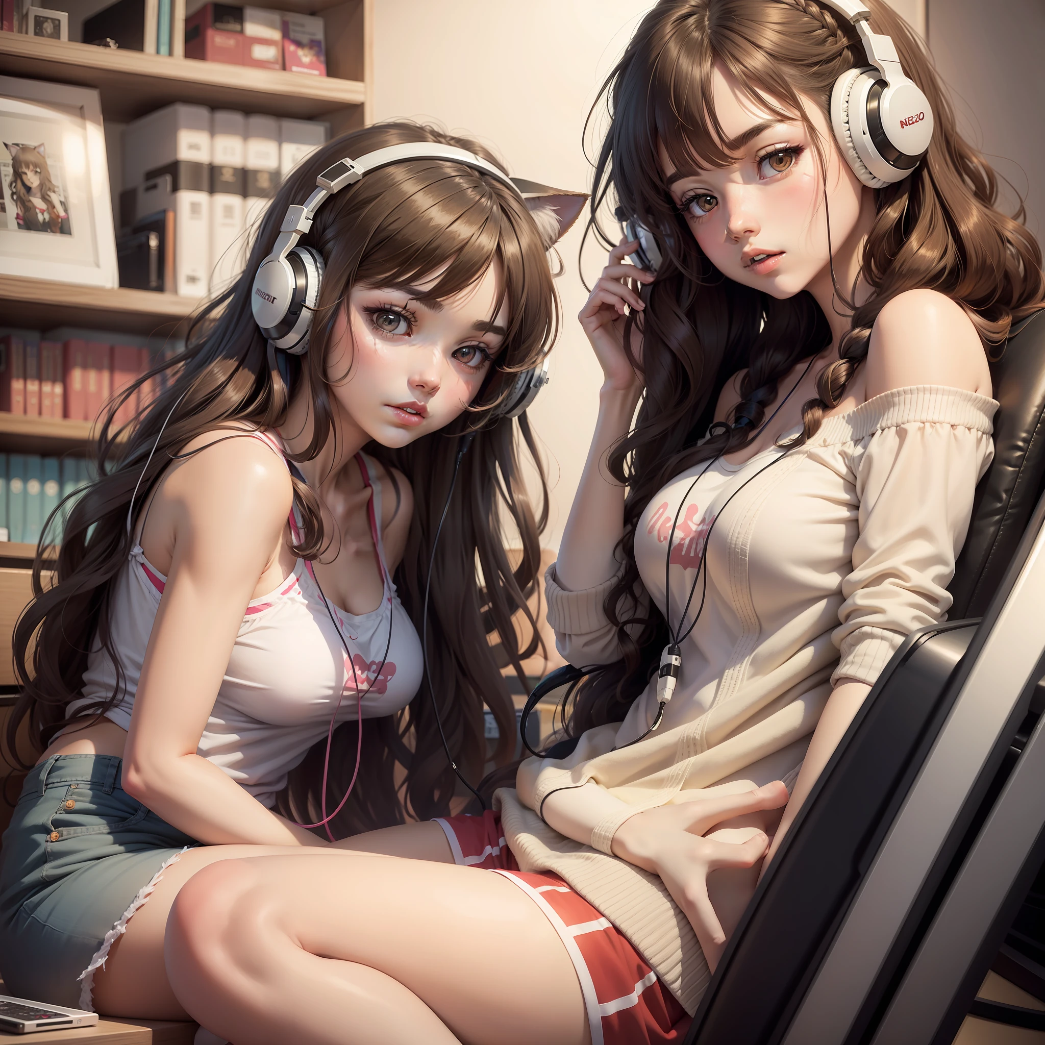Neko girl with wavy hair brunette listening to music in the anime room