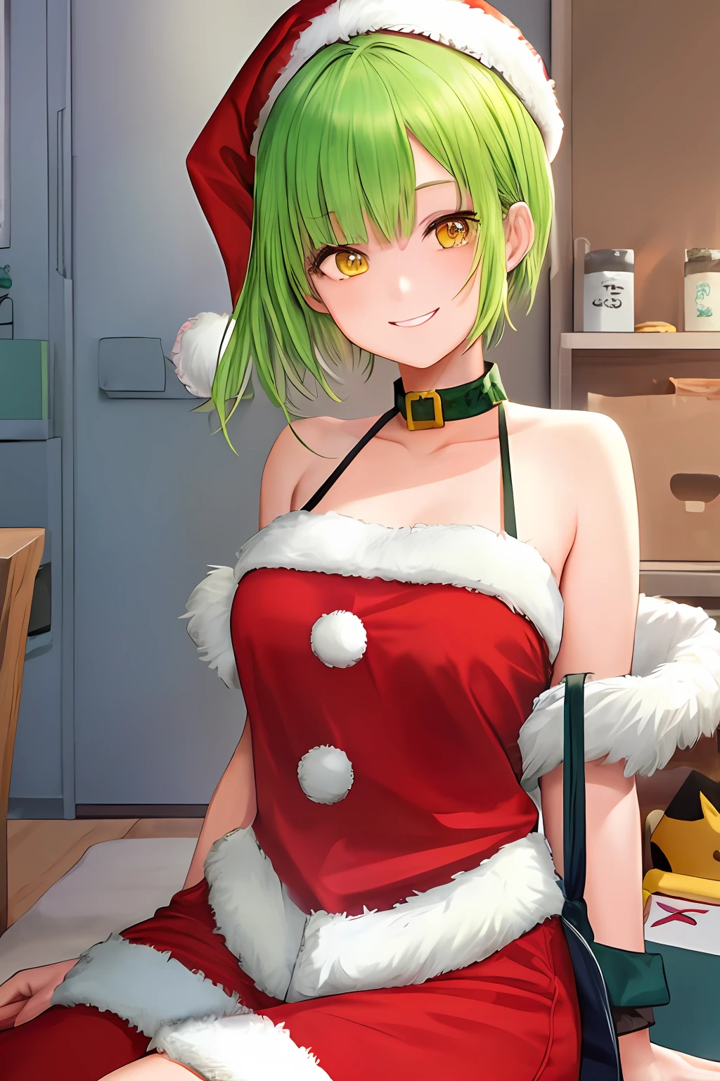 1girl, bright green hair, short hair, Santa Chloted, yellow eyes, masterpiece, best illustration, best manga, cute, smile